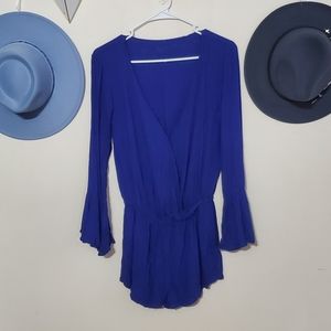 NWOT Indah Cobalt Blue Bell Sleeve Romper Womens small 100% Rayon